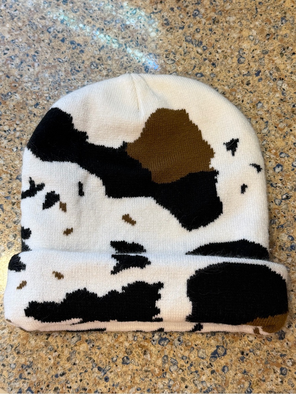 Women's Cow-Print Knit Beanie Hat - White, Black & Brown